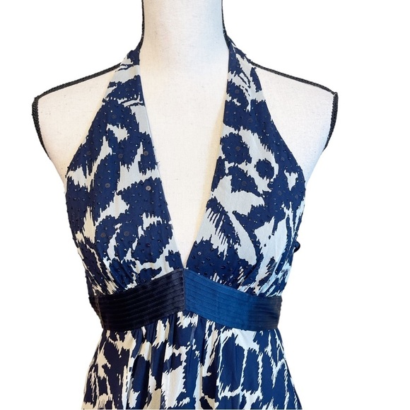 BCBGMaxazia Midnight Blue & Cream Abstract Print Full Length Silk Halter Dress - Picture 6 of 12